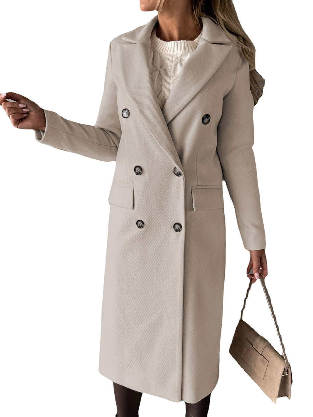 Double Breasted Lapel Coat Winter Fashion Solid Slim Long Jacket Long Sleeve Tops