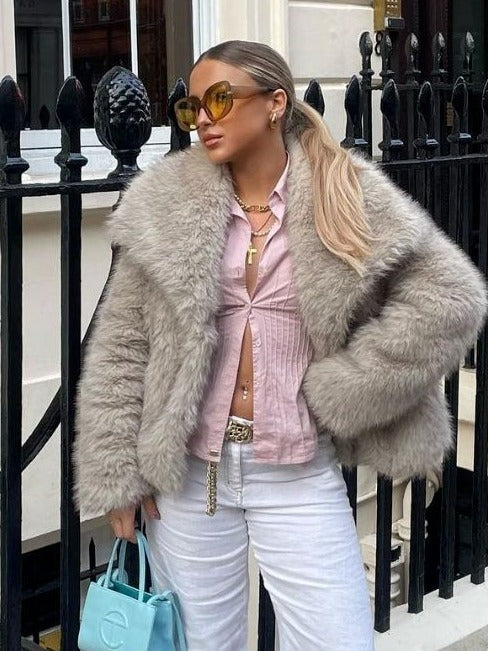 Winter Plush Coat Fashion Warm Thicken Fluffy Lapel Jacket Outwear Casual Long Sleeve Tops