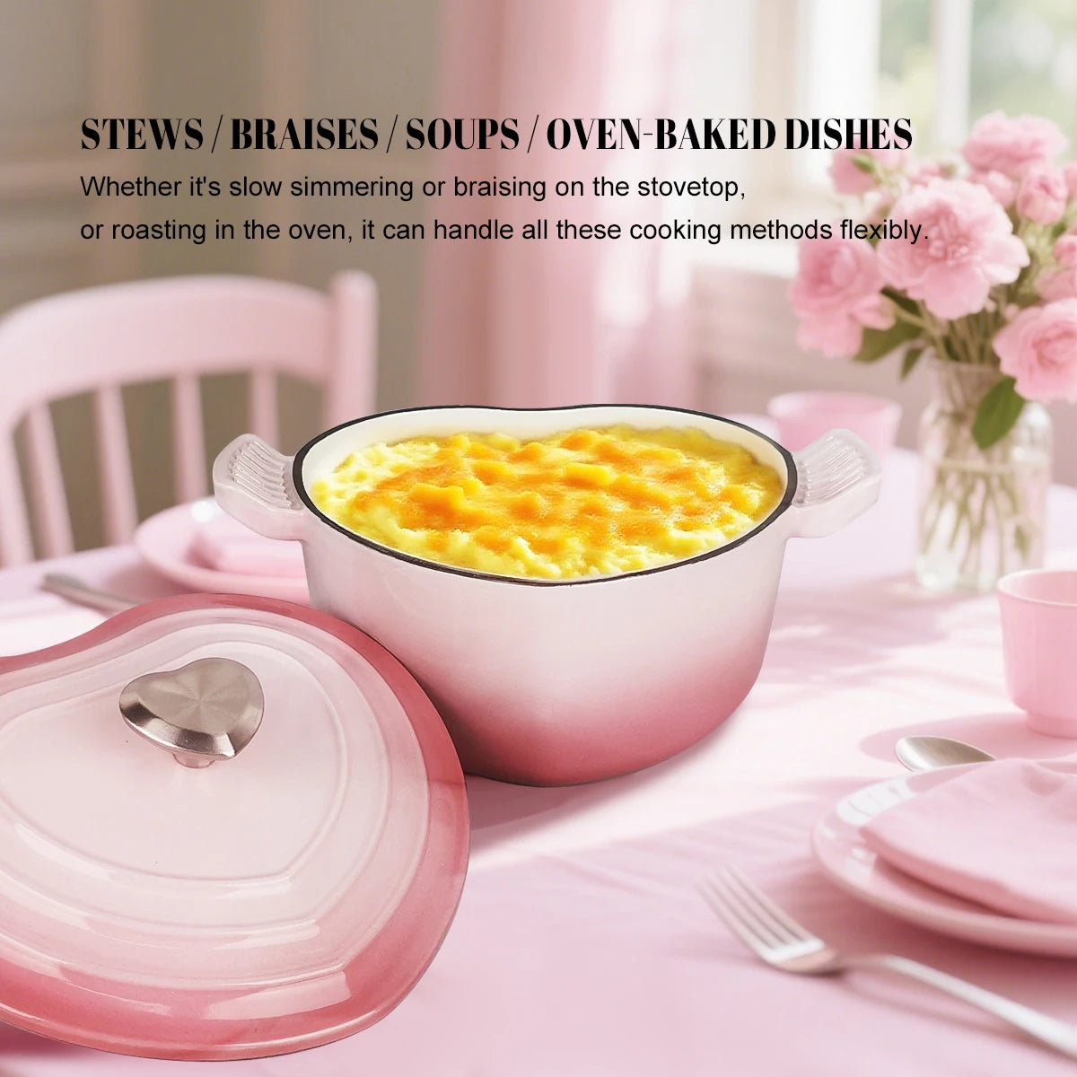 Preminum Cast Iron Dutch Oven with Lid, Heart-shape Enameled Soup Pot for All Stove Tops,Suitable for Stew Baking Slow Cooking