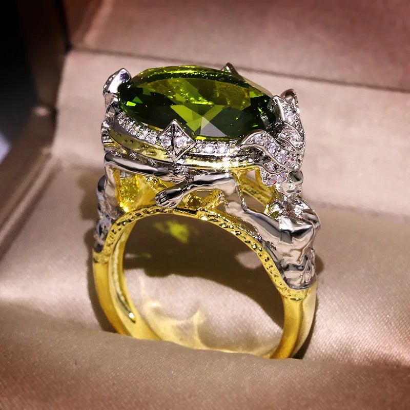 Dropshipping Green Agate Crystal Ring Emerald Vintage Inlaid Chalcedony Index Finger Opening Adjustable Female Ring