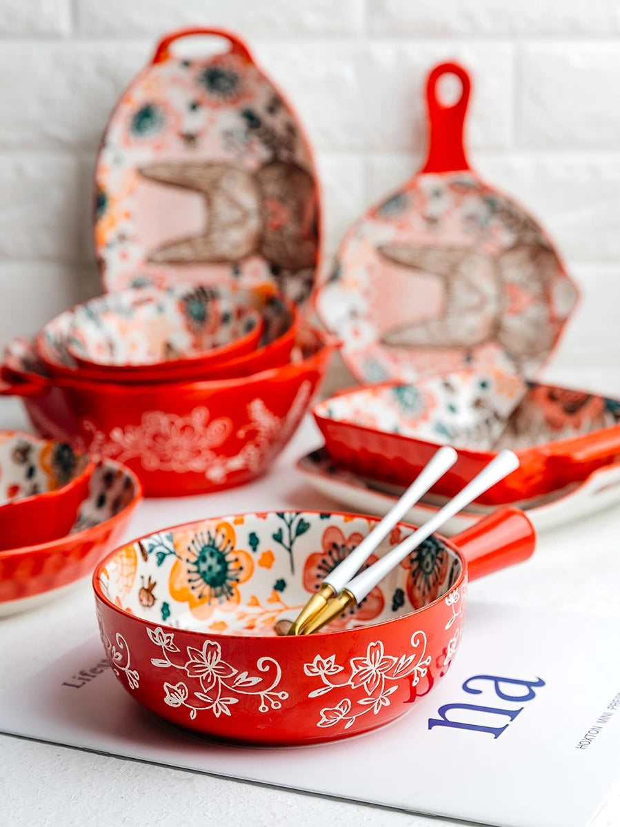 1pc/cute rabbit hand-painted bowl and plate underglaze ceramic household soup bowl commercial hotel noodle bowl fruit salad bowl