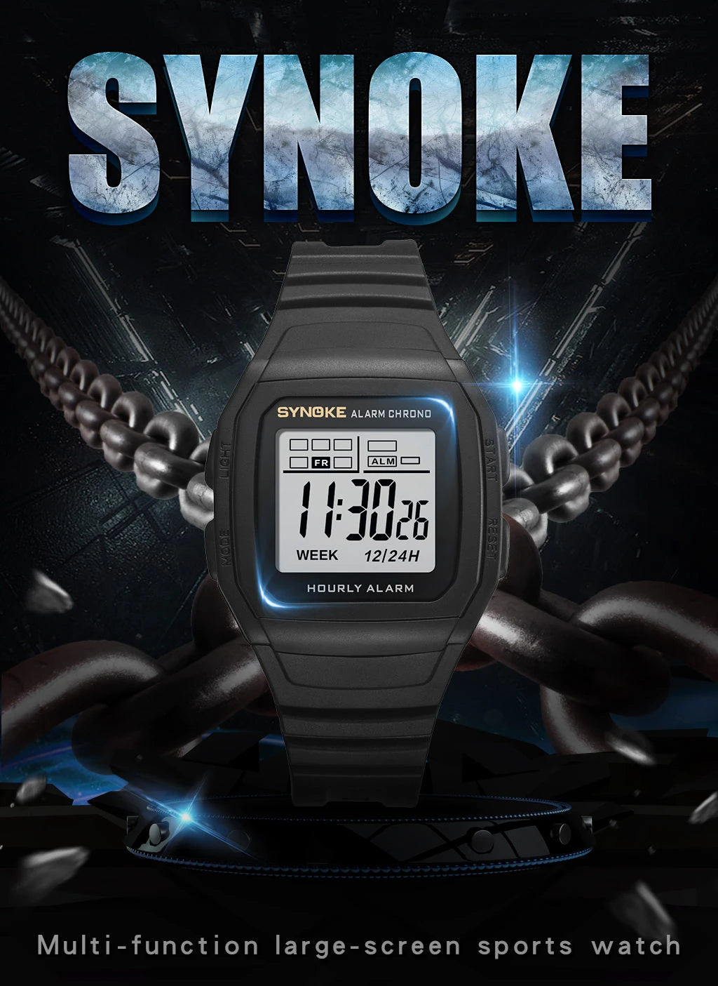 Men Digital Sports Watches, LED Display Timer 12/24 hours Digital Electronic Wristwatch Waterproof Clock