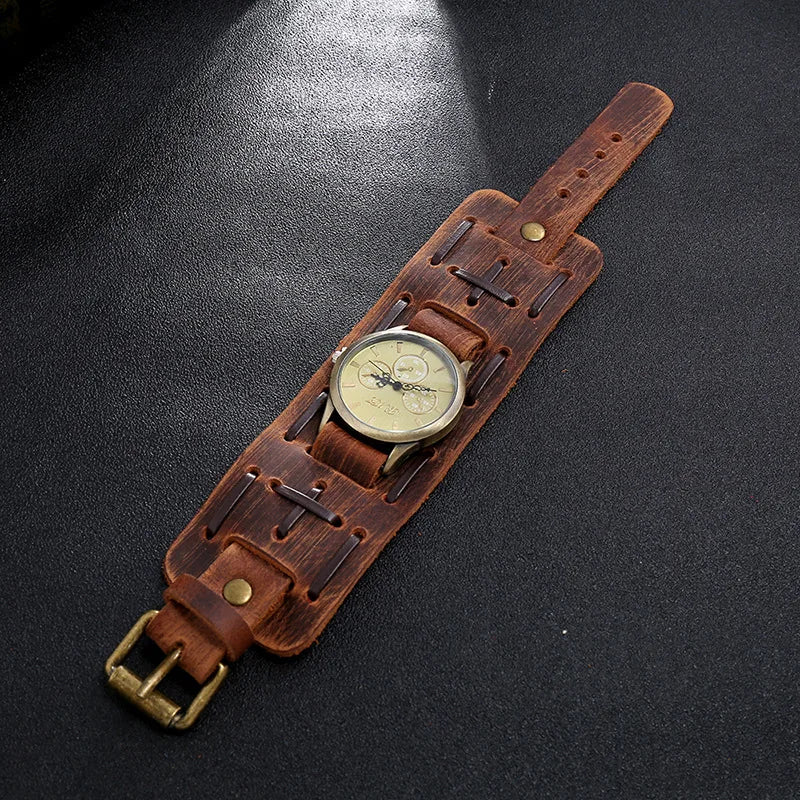 Men's Watches Punk Retro Decorative Wide Strap Watch Male Reloj Clock Leather Bracelet Quartz Military Man WristWatch