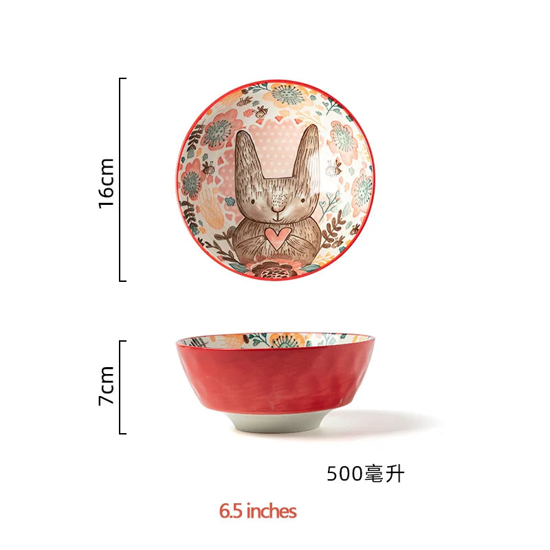 1pc/cute rabbit hand-painted bowl and plate underglaze ceramic household soup bowl commercial hotel noodle bowl fruit salad bowl