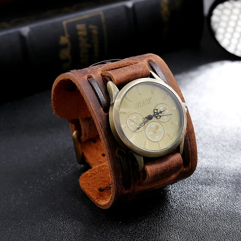Men's Watches Punk Retro Decorative Wide Strap Watch Male Reloj Clock Leather Bracelet Quartz Military Man WristWatch