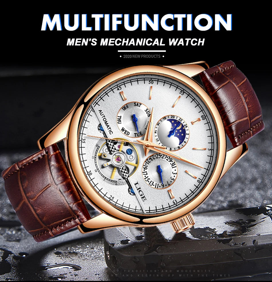 New LIGE Tourbillon Watches 50M Waterproof Men Mechanical Watches Automatic Wrist Watches Date Week Clock Gift Relogio Masculino