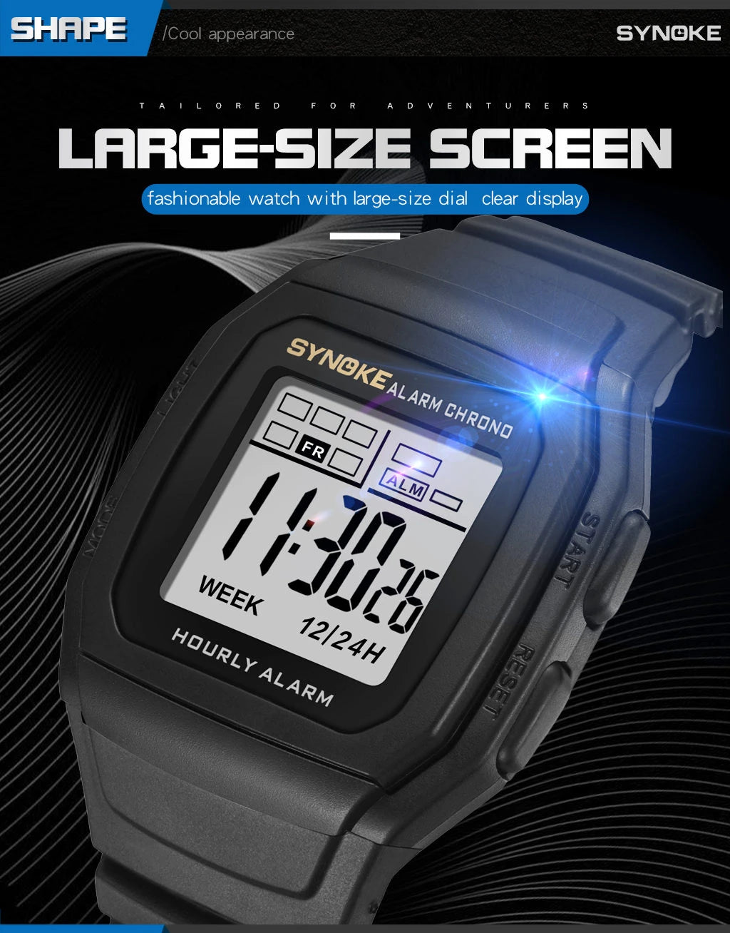 Men Digital Sports Watches, LED Display Timer 12/24 hours Digital Electronic Wristwatch Waterproof Clock