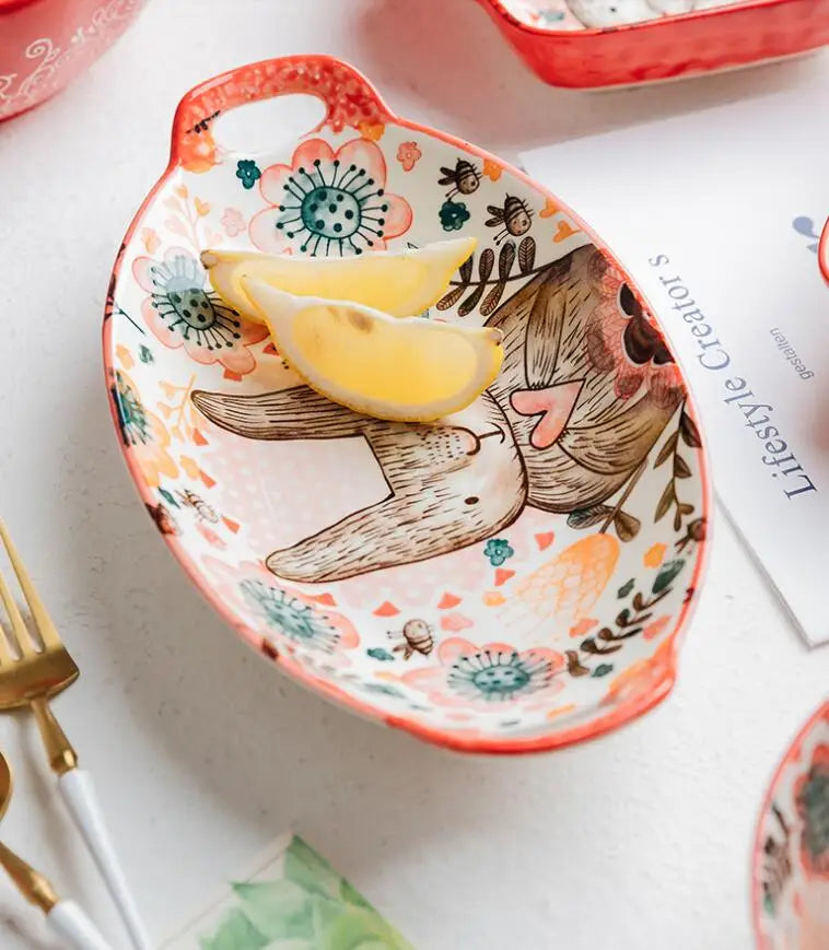 1pc/cute rabbit hand-painted bowl and plate underglaze ceramic household soup bowl commercial hotel noodle bowl fruit salad bowl