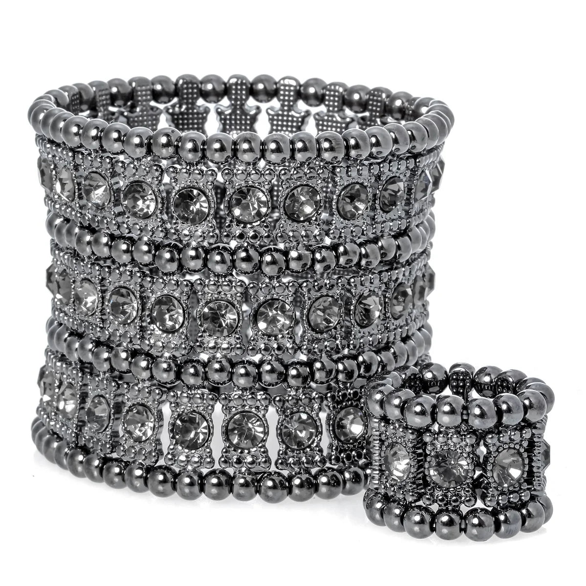 Crystal Multilayer Stretch Bracelet & Ring Set – Wedding Bridal Jewelry for Women