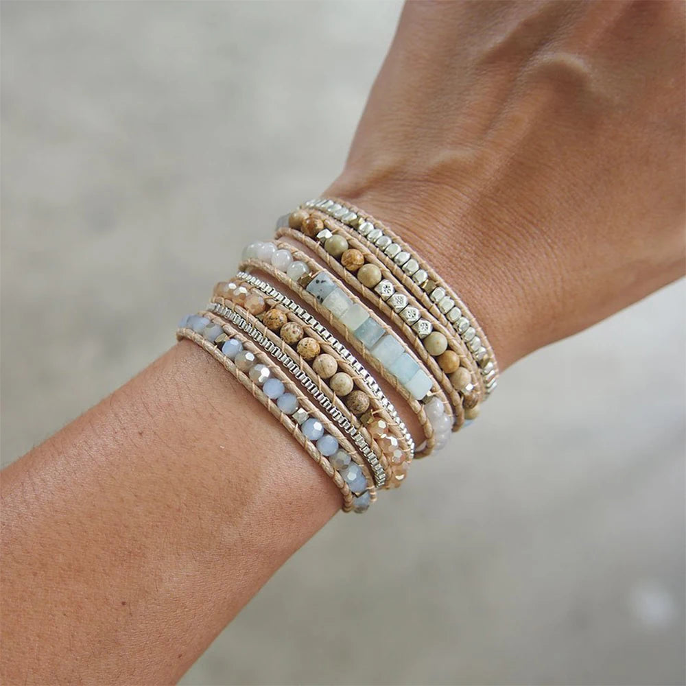 Amazonite 5-Wrap Boho Bracelet – Stainless Steel Chain for Women & Men