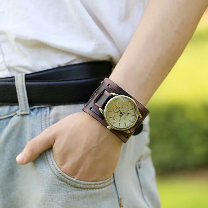 Men's Watches Punk Retro Decorative Wide Strap Watch Male Reloj Clock Leather Bracelet Quartz Military Man WristWatch
