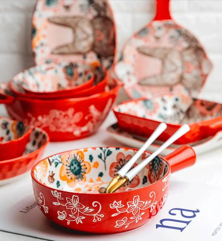 1pc/cute rabbit hand-painted bowl and plate underglaze ceramic household soup bowl commercial hotel noodle bowl fruit salad bowl
