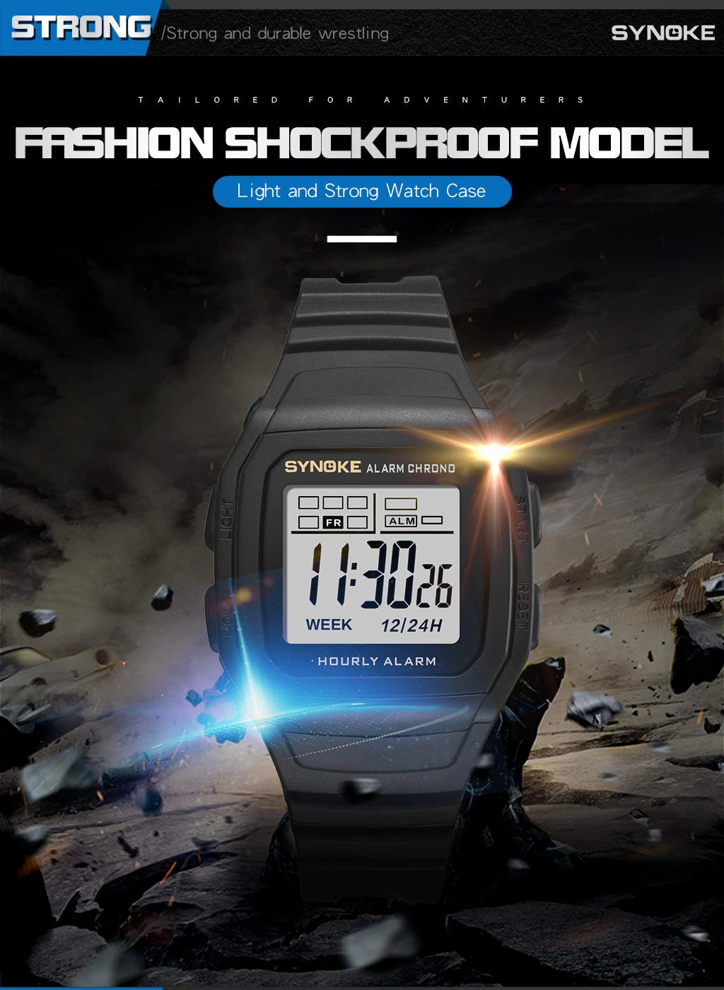 Men Digital Sports Watches, LED Display Timer 12/24 hours Digital Electronic Wristwatch Waterproof Clock