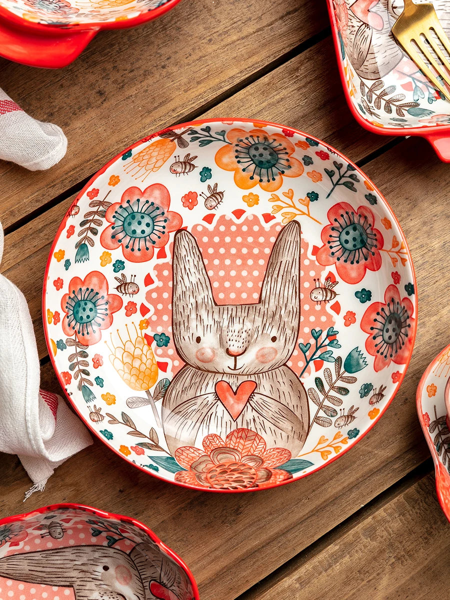 1pc/cute rabbit hand-painted bowl and plate underglaze ceramic household soup bowl commercial hotel noodle bowl fruit salad bowl