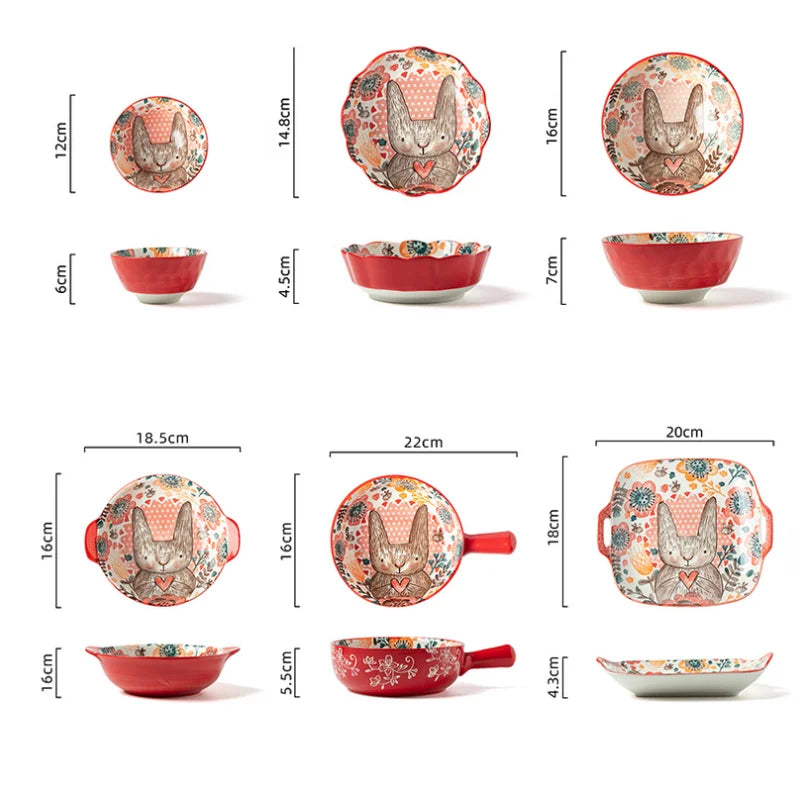 1pc/cute rabbit hand-painted bowl and plate underglaze ceramic household soup bowl commercial hotel noodle bowl fruit salad bowl