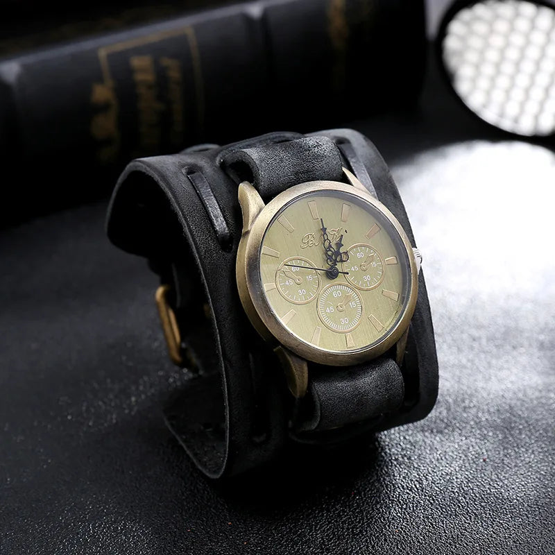 Men's Watches Punk Retro Decorative Wide Strap Watch Male Reloj Clock Leather Bracelet Quartz Military Man WristWatch