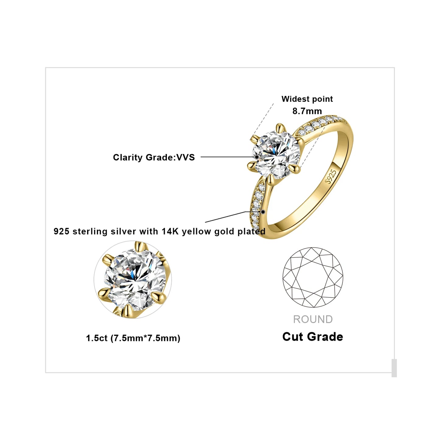 JewelryPalace Moissanite D Color 1ct 1.5ct 2ct 3ct Round S925 Sterling Silver Wedding Engagement Ring for Women