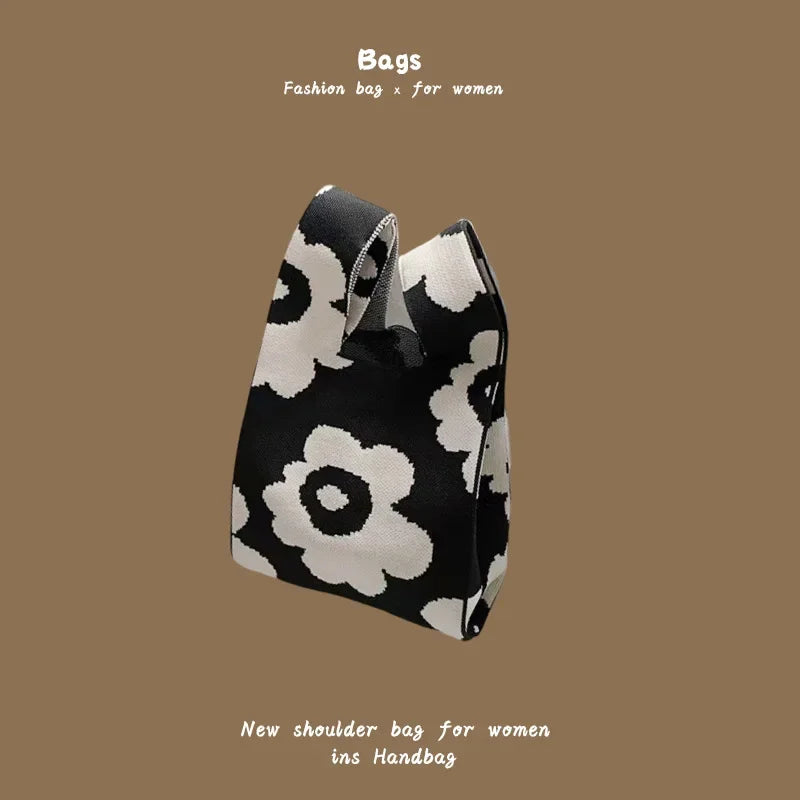 Women Handmade Knitted Small Handbag Casual Wrist Bag Versatile Shopper Mini Tote Bag Student Reusable Shoulder Bag Daily Use