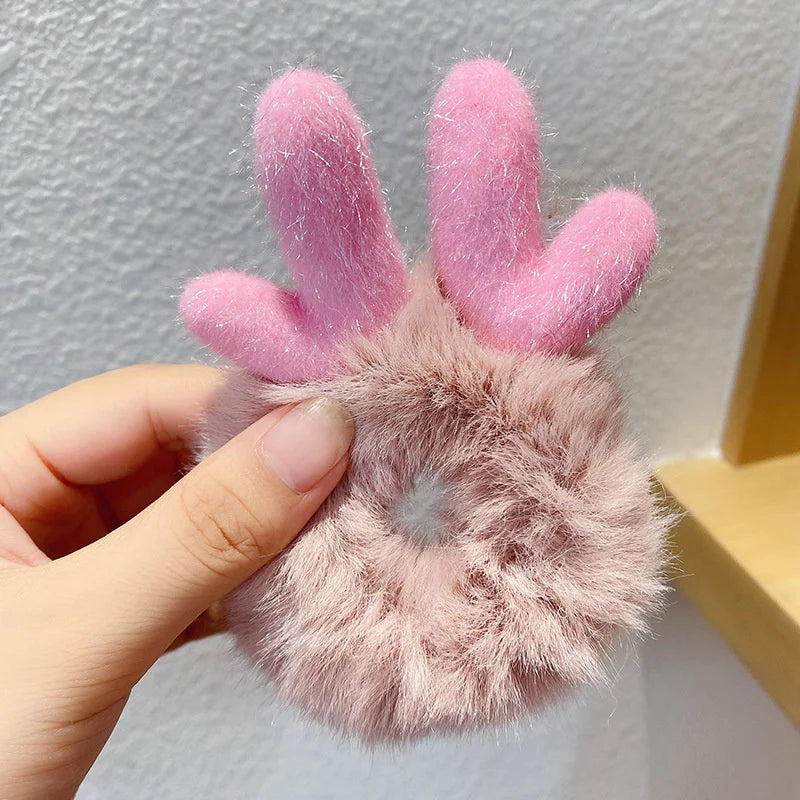 1PC 3D Plush Bunny Ear Hair Ties for Girls & Women