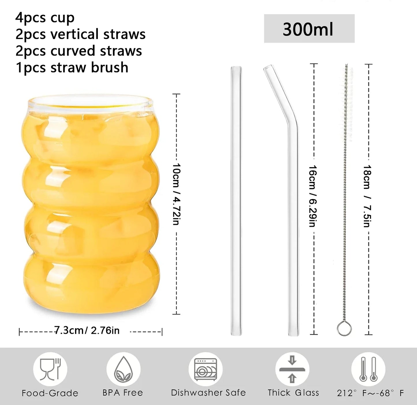Drinking Glasses Ribbed Glassware Cups with Straws Set Cocktail Fruit Glass Drinkware Creative Glass Cups Coffee Mug Clear