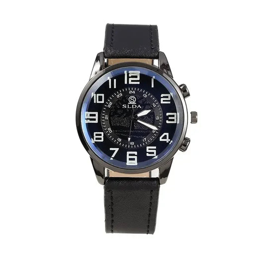Black wristwatch with a blue accent on a white background