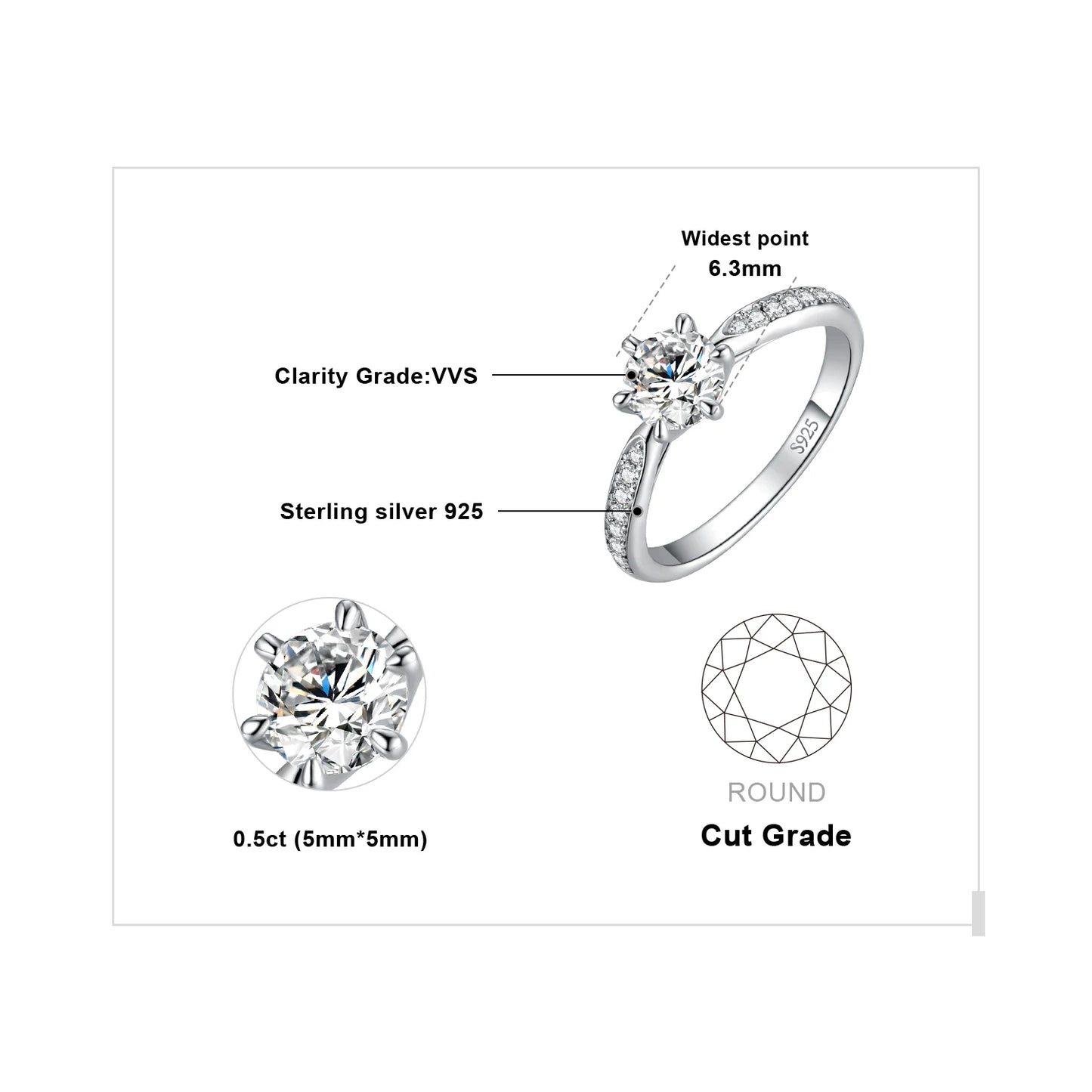 JewelryPalace Moissanite D Color 1ct 1.5ct 2ct 3ct Round S925 Sterling Silver Wedding Engagement Ring for Women