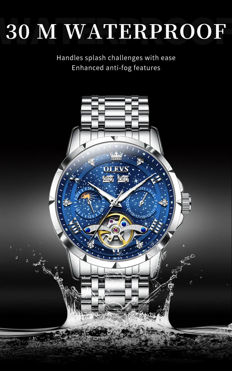 OLEVS 6689 Automatic Watch for Men Starry Sky Tourbillon Design Moon Phase Date Stainless steel Luminous Waterproof Wristwatch