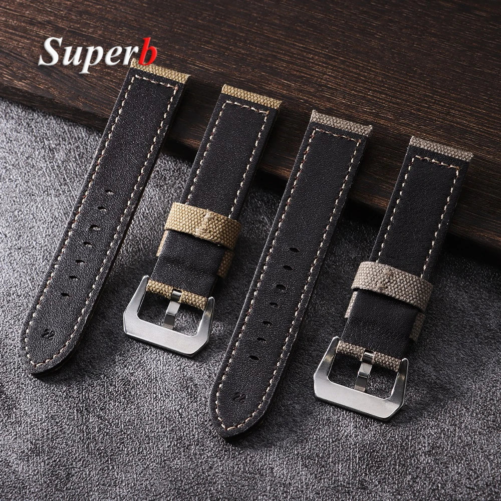 Canvas Leather Watchband for Panerai 20 22 24mm Black Brown Denim Thick Retro Strap Military Watchband Men Women Wristbelt