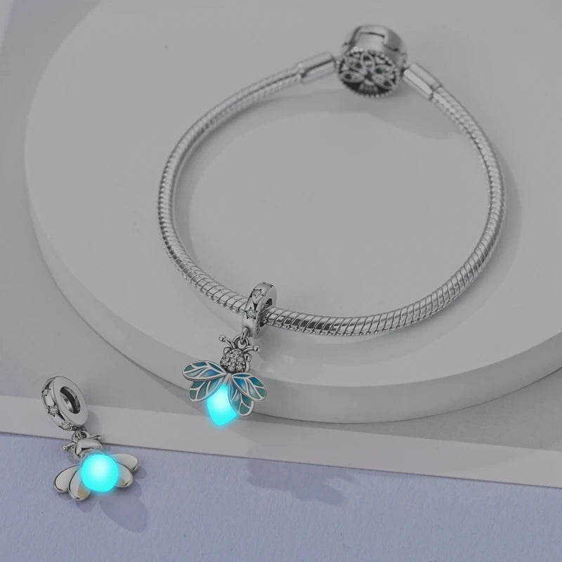 100% 925 Sterling Silver Creative Blue Luminous Firefly Charms Pendants Fit Qikaola 925 Original Bracelets DIY Birthday Jewelry