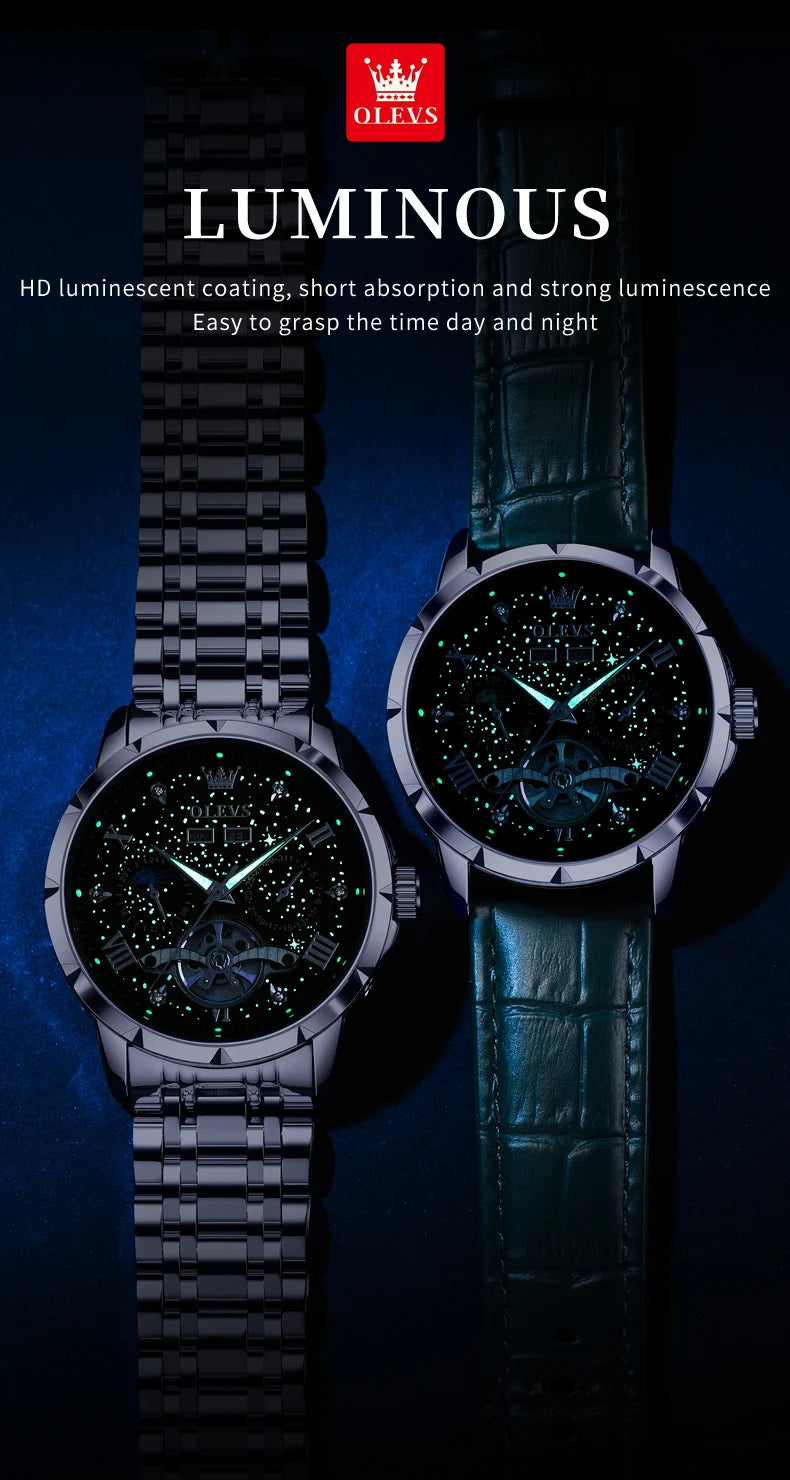 OLEVS 6689 Automatic Watch for Men Starry Sky Tourbillon Design Moon Phase Date Stainless steel Luminous Waterproof Wristwatch