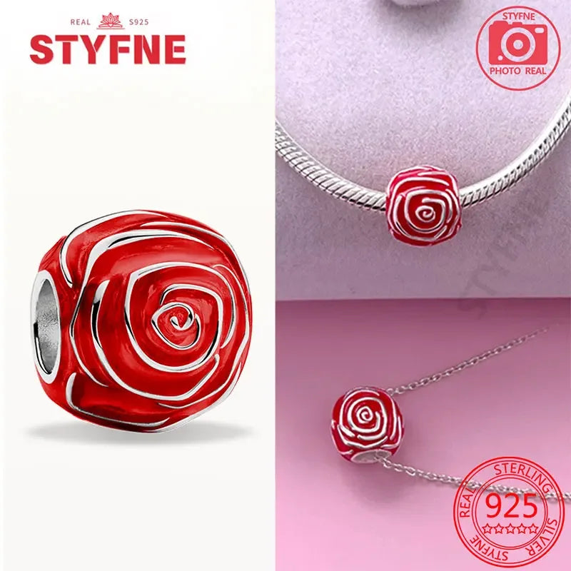 925 Silver Rose Pink Flower Shiny Zircon Charm Beads For Original Charms Original Bracelet for Women DIY fine Jewelry Gift