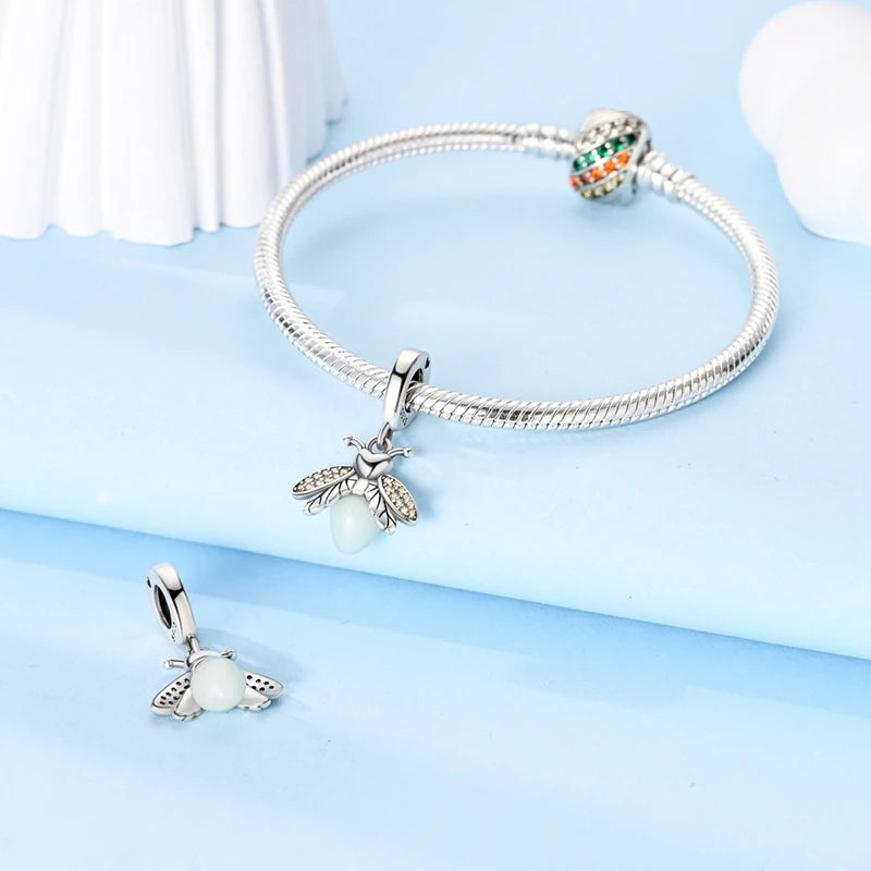 100% 925 Sterling Silver Creative Blue Luminous Firefly Charms Pendants Fit Qikaola 925 Original Bracelets DIY Birthday Jewelry