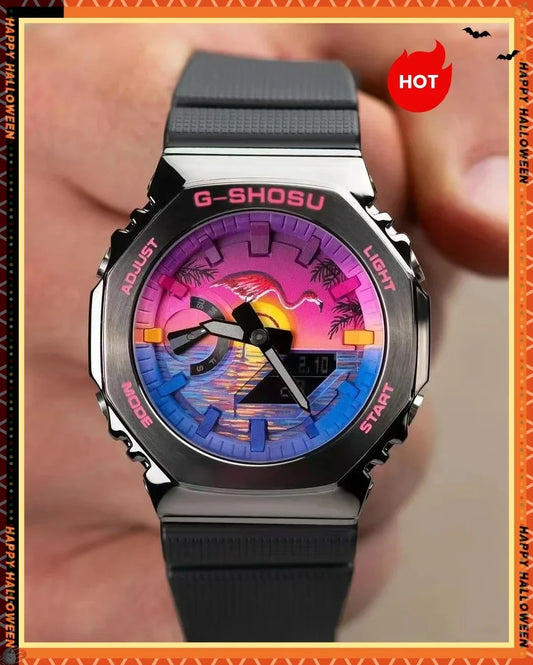 G-Shock watch with colorful display held by a person, surrounded by Halloween-themed text and graphics.