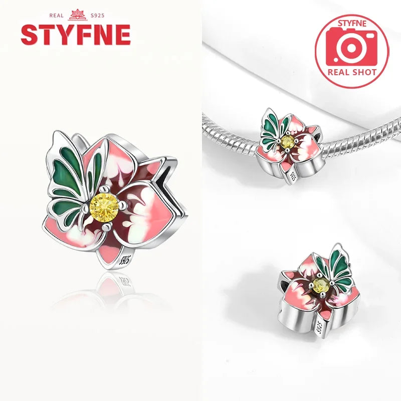 925 Silver Rose Pink Flower Shiny Zircon Charm Beads For Original Charms Original Bracelet for Women DIY fine Jewelry Gift