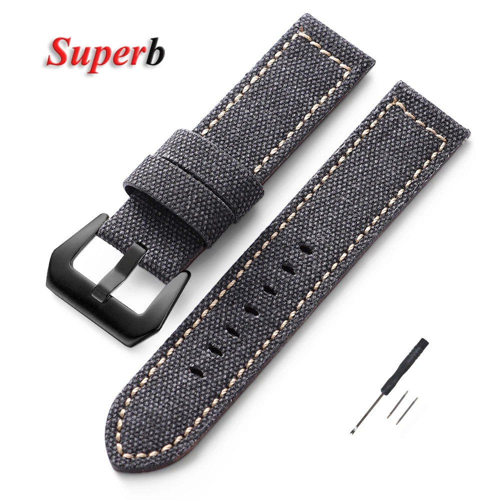 Canvas Leather Watchband for Panerai 20 22 24mm Black Brown Denim Thick Retro Strap Military Watchband Men Women Wristbelt
