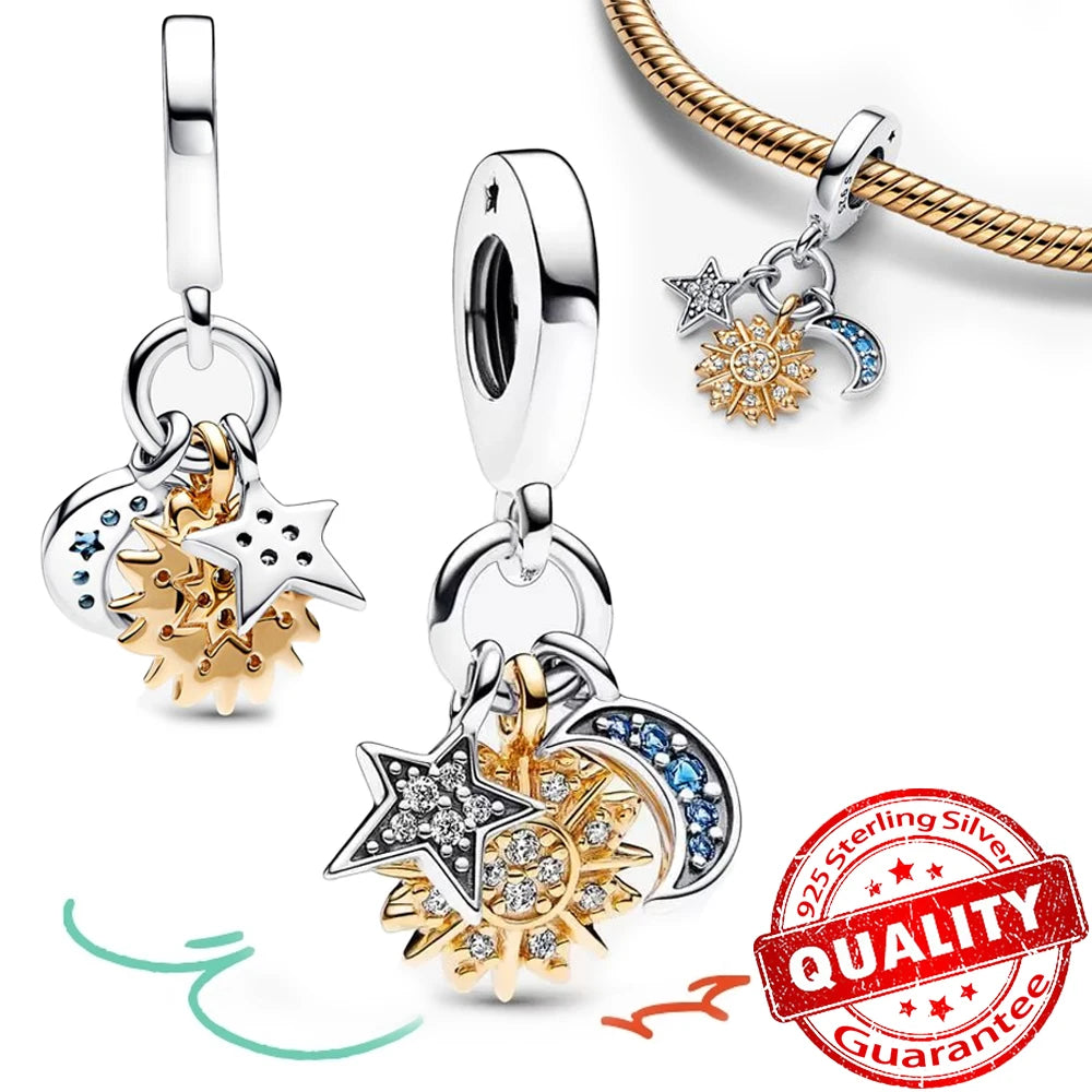 New 925 Sterling Silver Two Tone Golden Sunflower Lucky Stars Charm Fit Bracelet & Necklace Sun Moon Diamond Charm Jewelry DIY