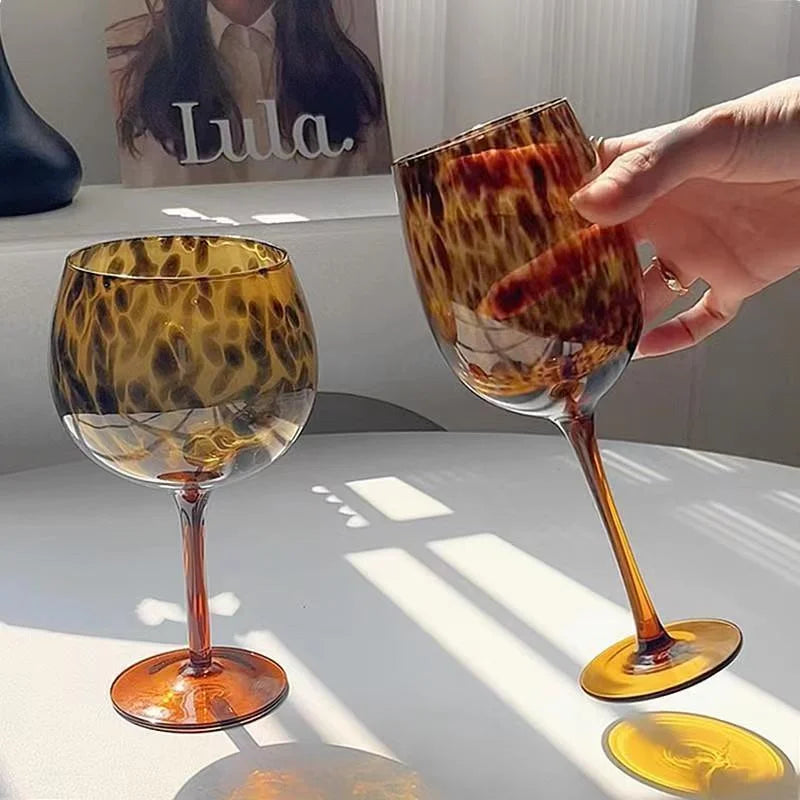 Wine Glass Vintage Leopard Print Glass Cup Burgundy Bordeaux Art Goblet Cocktail Whisky Wine Drinkware Home Kitchen Accessories