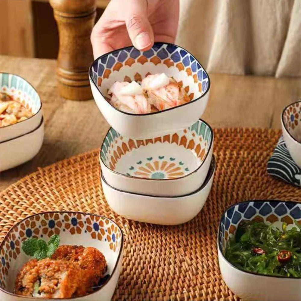 Bohemian style ceramic bowl household sauce bowl small square bowl Japanese snack bowl creative pickle dish