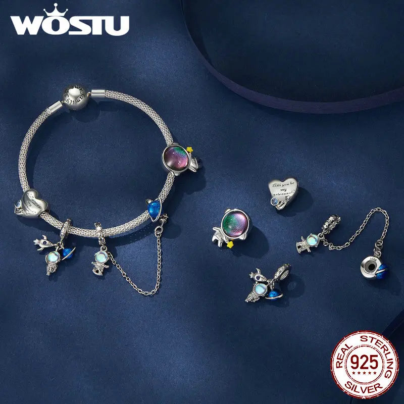 WOSTU 925 Sterling Silver Amimal Safety Chain Heart Key Flower Pendant CZ Charms Stopper Fit Original Bracelet DIY Fine Jewelry