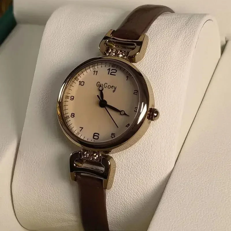 Retro High-end Round Dial Quartz Watches for Women PU Leather Strap Wristwatches Fashion Simple Temperament Girls Watch Gifts