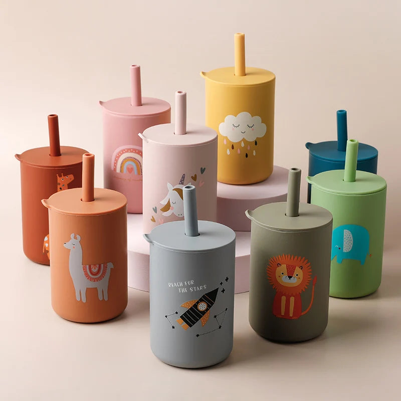 Baby Feeding Drinkware Straw Cup, Baby Learning Feeding Bottles, Anti-Hot Leakproof Silicone Tableware, Toddler Water Bottle