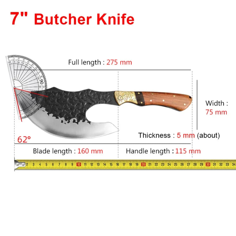 High Hardness Butcher's Knife BBQ Meat Fruit Cutting Utility Knife Professional Bone Chopping Axe Wood Handle Chef Slicing Knife