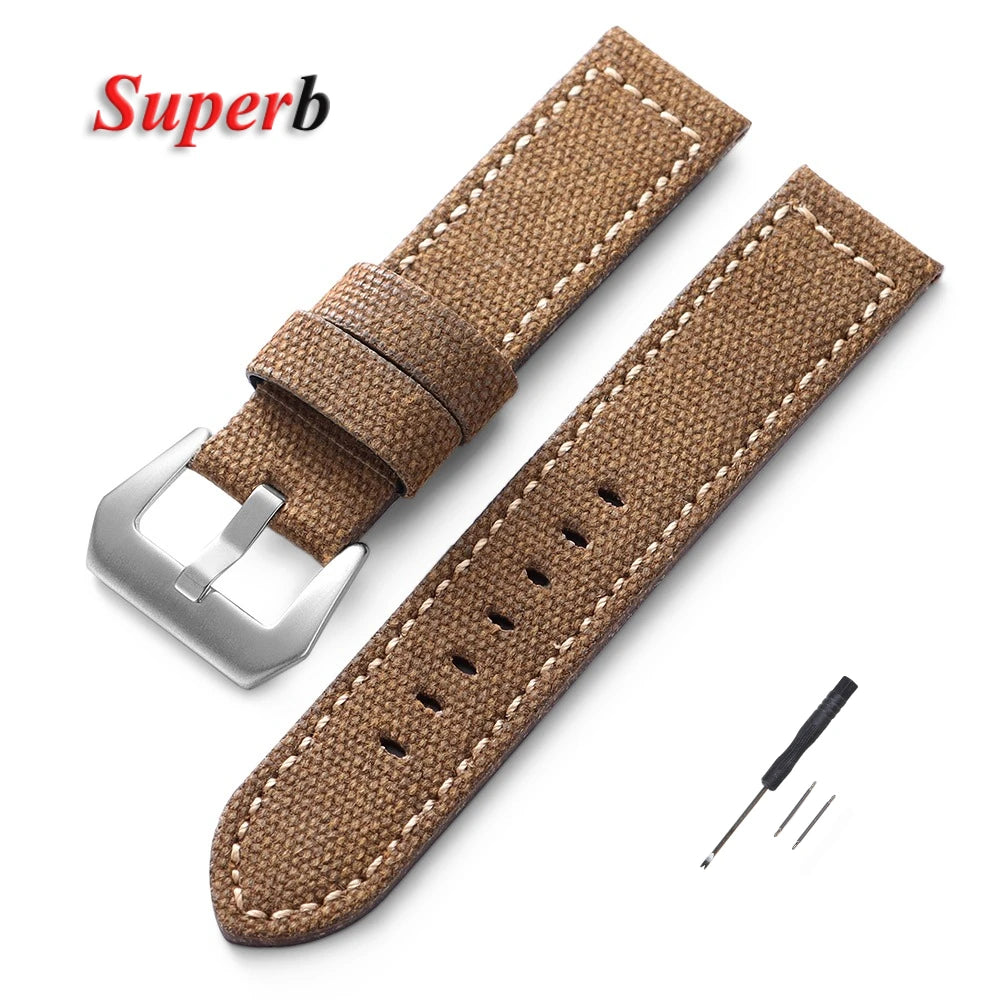 Canvas Leather Watchband for Panerai 20 22 24mm Black Brown Denim Thick Retro Strap Military Watchband Men Women Wristbelt