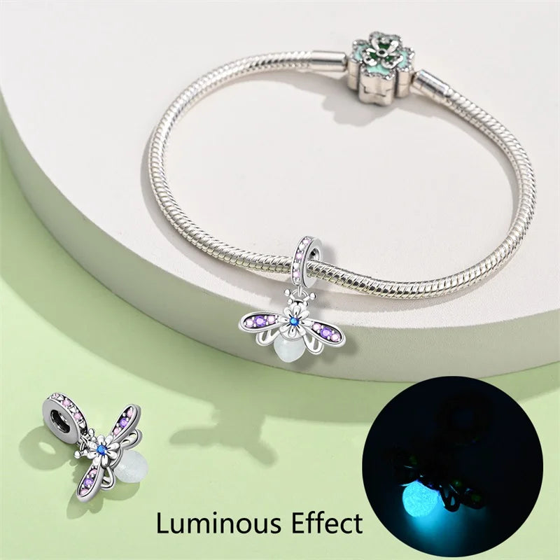 100% 925 Sterling Silver Creative Blue Luminous Firefly Charms Pendants Fit Qikaola 925 Original Bracelets DIY Birthday Jewelry