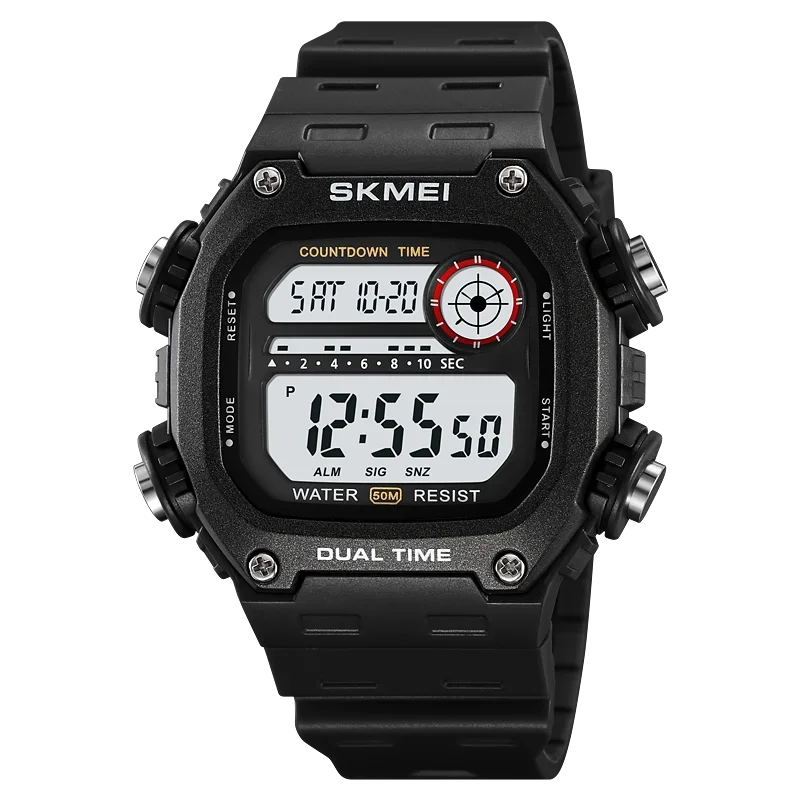 Black digital watch with multiple display options on a white background