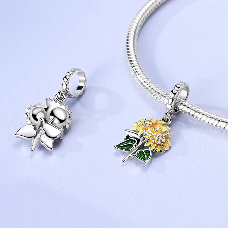 New 925 Sterling Silver Two Tone Golden Sunflower Lucky Stars Charm Fit Bracelet & Necklace Sun Moon Diamond Charm Jewelry DIY