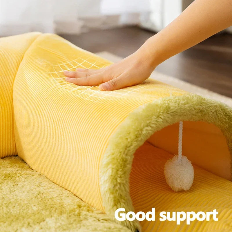 2-in-1 Cat Tunnel & Bed - Detachable Warm House with Non-Slip Play Mat