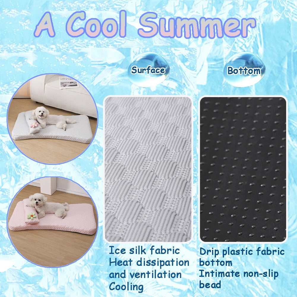 Summer Cooling Pet Bed - Ice Silk Mat with Pillow for Dogs & Cats