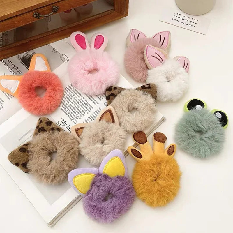 1PC 3D Plush Bunny Ear Hair Ties for Girls & Women