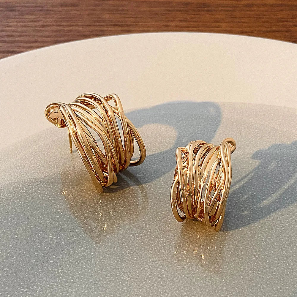 Retro Multi-layer Twist Irregular C Shape Hoop Earrings for Women Girls Gold Color Geometric Ear Buckle Stud Punk Jewelry Gifts